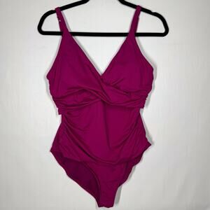 Tommy Bahama Swimsuit 12 Magenta V-Front Halter Ruched One Piece Azalea Slimming